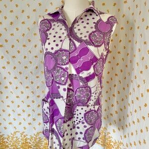 Vintage 60s Pykettes Purple Paisley Mod Button Down Top Small USA